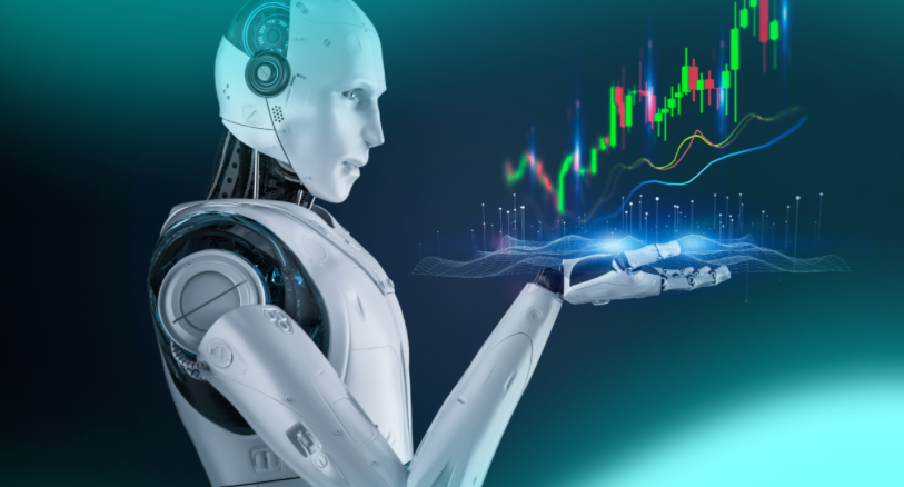 Robotic hand holding a digital representation of a stock market chart on a dark background
